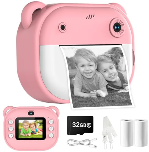 Sofortbildkamera Kinder, 1080P Dual-Linse Kinderkamera Sofortbildkamera, 2 Bildschirm Digitalkamera Kinder mit 32GB Karte & Druckpapier, Geburtstag Geschenke für 3-12 Jahren Jungen Mädchen(Rosa)