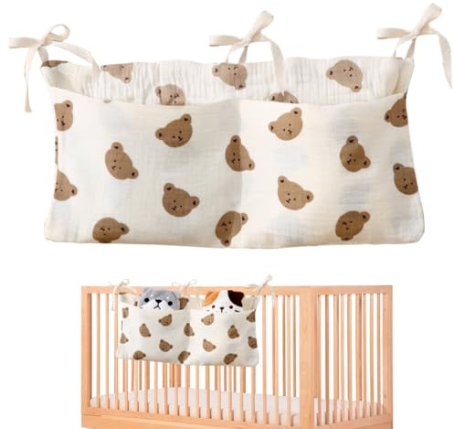 Quesuc 1 Pieza Organizador De Cuna Bolsa De Almacenamiento Colgante Con Diseño De Osito Para Cuna Ajustable De Algodón Para Pañales, Ropa, Juguetes En La Cuna