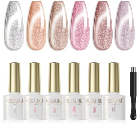ROSALIND UV Nagellack Cateye, 6 Farben Grau Braun Rosa Mondlicht Magnetisches Gel Nagellack,Soak-off UV/LED Cat Eye Gelnägel für Nail Art Maniküre