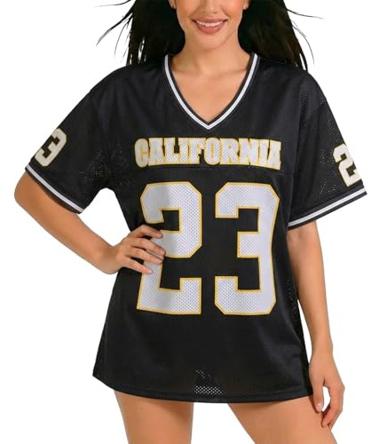 HELLORSOON Damen Shirts Y2K Übergroße Zahlen-Grafik V-Ausschnitt Kurzärmelig Trikot T-Shirt Vintage 90er Jahre Streetwear Lockeres Blokecore Jersey Shirt Sommer Football Tops Casual Pullover