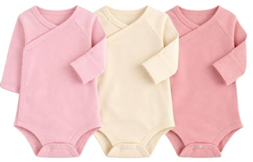 JiAmy 3PCS Baby Boys Girls Bodysuits, 100% Cotton Baby Grow Wrap Vests Long Sleeve Clothes Set Pink Beige Tops 3-6 Months
