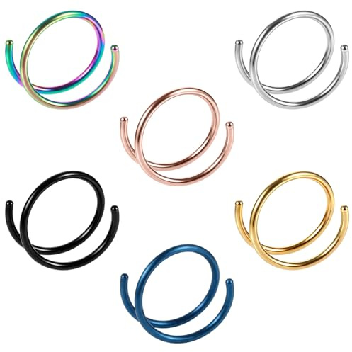 Xinjoduz 6 PCS Double Hoop Nose Ring for Single Piercing, Stainless Steel Twist Spiral Nose Rings Double Hoops for Women, 20 Gauge Nostril Piercing Jewelry (8 mm, 6 Colors)
