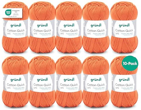 Gründl Wolle Cotton Quick uni - dünne Wolle zum Häkeln - Strickgarn - Häkelgarn - Glänzend und hautfreundlich - 100 % Baumwolle - 10 Knäuel 50 g / 125 m - Nadelstärke 3- 4 - Orange 2