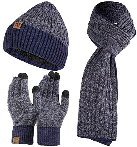 Tofern Winter Beanie Hat Scarf Touch Screen Gloves Set 3 Pieces Soft Warm Knitted Beanie Cap Neck Warmer Gloves Fleece Lined for Men and Women Outdoor Sports