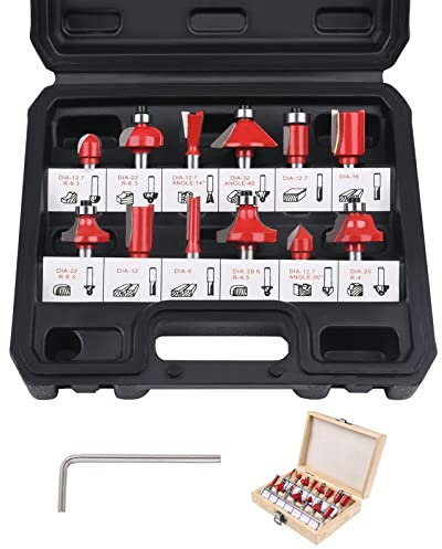 flintronic Router Bit Set, 12PCS 6.35mm 1/4 Inch Shank Tungsten Carbide Tipped Router Bit Set | Wood Milling Saw Cutter | Woodworking Tools Kit with Plastic Case for Home & DIY