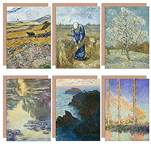 Artery8 Monet Van Gogh Poplars Waterlilies Field Ploughman Mixed Fine Art Greeting Card Pack of 6