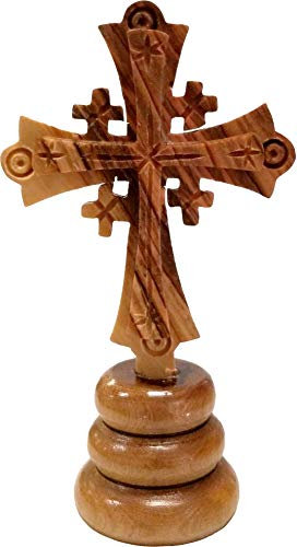 Logos Trading Post Holy Land Jerusalem-Kreuz aus Olivenholz, stehend, aus Israel, mittelgroß, handgeschnitztes Kreuz auf Ständer, 10,8 cm