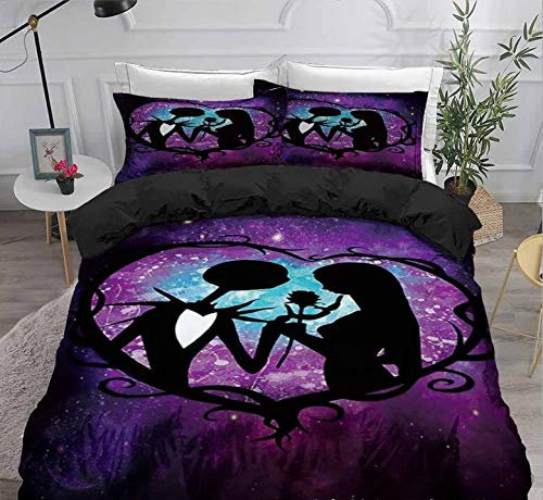 Vankie Nightmare Before Christmas Bettbezug-Sets, Jack and Sally Valentinstags-Rosen-Dekor, 100% Mikrofaser, Galaxie-Bettwäsche-Set mit Kissenbezügen, keine Steppdecke, Queen-Size-Größe