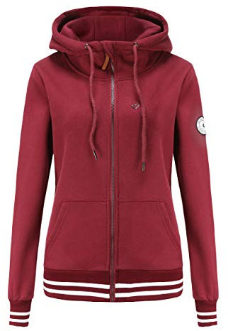 TrendiMax Sweat à Capuche Femmes avec Poches Manches Longues Manteau Femme Hiver Zippé Col Montant Hoodie Femme Chaude Douce Confortable, Vin Rouge, XL