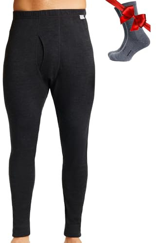 Merino Unterwäsche Herren - Lange Unterhosen Herren Merino Thermounterwäsche + Wollsocken (Large, Charcoal Grey 250)