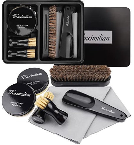 MAXIMILIAN Shoe Polish Kit - Shoe Shine Kit With Black and Neutral Polish, 2 Applicator Brushes, Soft Horsehair Brush, Shoehorn, Cloth