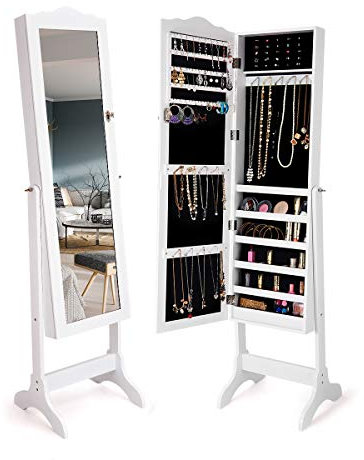 GIANTEX Armoire à Bijoux avec Miroir sur Pied, Porte Bijoux en Bois avec Angle Réglable à 4 Niveaux, Intérieur en Velours, Meuble de rangement pour Diverses Bijoux 160 x 41 x 38 cm