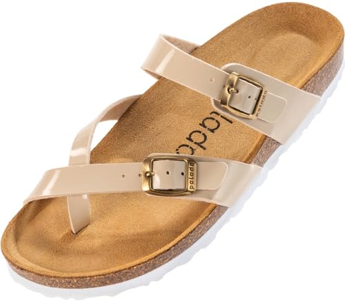 Palado Damen Pantoletten Cres Lack – Sandalen Made in Spain - elegante Hausschuhe mit dampfendem Kork-Fußbett - modische Sommerschuhe