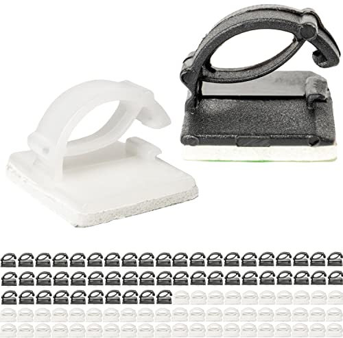 Clips de Gestion des Câbles Autocollants, 100 Pièces, Noir + Blanc, Câble jusqu'à Ø 10 mm, Organisation Cable pour TV, PC, Laptop et Cables de chargement, Attache Câbles, Serre-Câbles, Sangles câbles