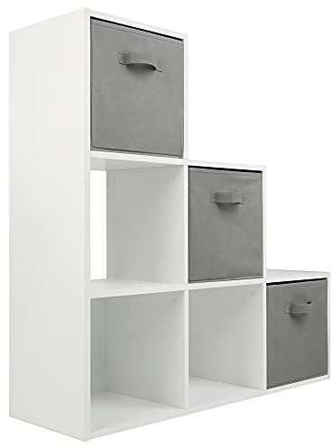Charles Jacobs White 3 Level 6 Cube Shelving Unit + 3 Grey Fabric Storage Drawers