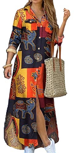 OMZIN Women Button Down Shirt Dress Roll Up Sleeve Oversize Blouse Split Maxi Shirt Dress Yellow 3XL