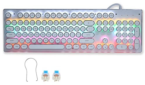 Acogedor Mechanical Gaming Keyboard, Retro Steampunk Typewriter Keyboard, 104 Keys USB Wired Mixed Light Backlit with Round Keycaps(White)