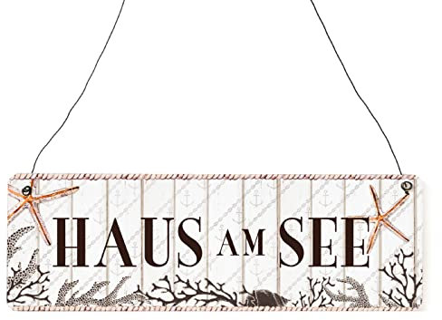 Interluxe Schild - Haus am See - Dekoschild Maritim Sommer Schild Shabby Vintage Ferienhaus, 250x80mm, Holz mit Metall, Wandmontage, Drahtaufhängung