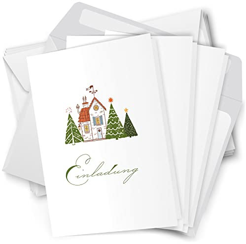 10 x Einladungskarten Klappkarten Weihnachten mit Umschlag zur Weihnachtsfeier Motiv Feine weihnachtliche Zeichnung Tannen
