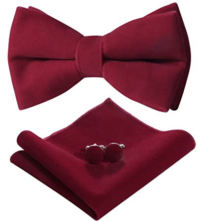 HOULIFE Fliege Herren Set - Verstellbare Fliege aus Samt Vorgebunden Fliege, einfarbige Einstecktuch, Manschettenknöpfe Set für Bräutigam Hochzeit formal mit Geschenkbox, Burgund