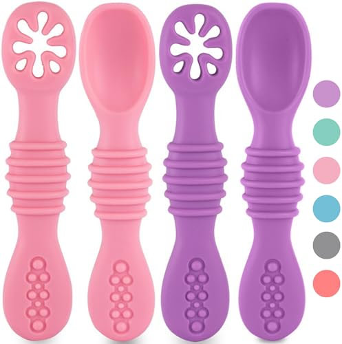 HOMYBABY® Cuilleres Bebe 1er Age - Cuillere Bébé Apprentissage en Silicone Alimentaire LFGB - Pre Cuillere DME bebe - Couverts Adaptés à la Dentition