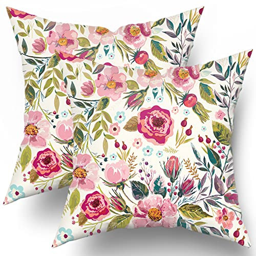 Set di 2 federe per cuscini con fiori primaverili ed estivi, 45 x 45 cm, motivo peonia, rosa acceso, con foglie verdi, decorative, quadrate, in cotone, per casa, giardino, letto all'aperto