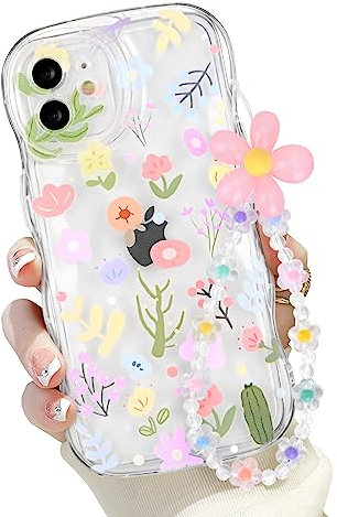 Newseego Clear iPhone 12 Case for Girls Women, Cute Flower Floral Pattern Design with Lovely Chain Phone Case Flexible Soft TPU Shockproof Camera Protection Bumper Cover for iPhone 12