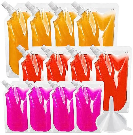 12 Pack Drink Pouches for Festivals Reusable Drinks Flasks Leak Proof Juice Plastic Pouches Bags with Spout&Small Funnel for Festivals Travel Picnic Camping Party Beverage(3 Sizes)