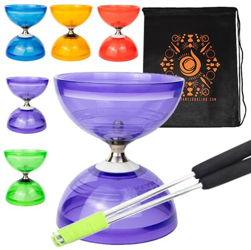 Jumbo Hurricane Pro Ensemble de diabolo à triple roulement avec bâtons en aluminium « métal », corde de diabolo et sac de transport en cascade (violet avec baguettes argentées)