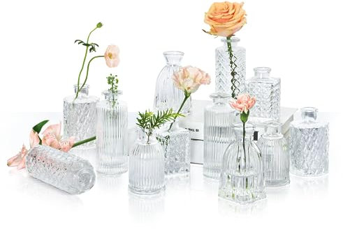 ComSaf Glass Bud Vases Set of 12, Small Clear Bud Vases in Bulk, Mini Flowers Vases for Centerpieces, Vintage Bottle for Table Decorations, Wedding Decor, Recepetion, Home, (Clear)