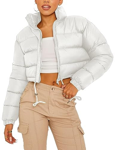 Kissonic Damen Cropped Puffer Jacke Full Zip Stehkragen Steppjacke Wintermäntel mit Taschen, Weiss/opulenter Garten, M