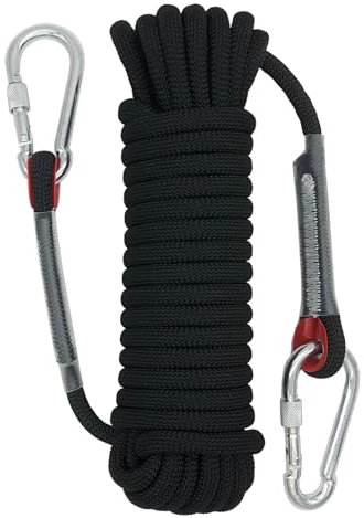 LUKASOHY Climbing Rope, 10mm Outdoor Safety Rope, Nylon Rope Static Rock Climbing Rope with Carabiner, Good for Mountaineering, Camping, Rescue, Fire Escape, Ice Climbing, Exploration (Black, 10m)