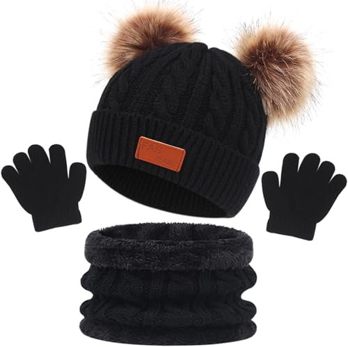 Flintronic 3-Piece Kids Beanie Hat, Scarf & Gloves Set - 3 in 1 Knit Warm Toddler Winter Cap, Gloves & Neck Warmer - Thick Warm Accessories Set for Boys & Girls, 1-5 Years, Black