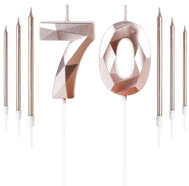 Rose Gold 70th Birthday Candles Set Number 70 Candle with Rose Gold Long Candles Birthday Candles for Cake, Birthday Candle, Cake Candles Cake Topper Decorations for Birthday Party Wedding Anniversary