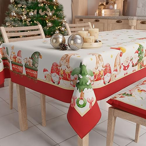 Petti - Weihnachtstischdecke Tischdecke 140 x 360 cm, rechteckig, schmutzabweisend & fleckenabweisend, Pflegeleichte Mikrofaser mit Motiv Wichtel, ideal für Advent & Weihnachten