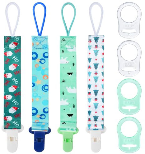 Aolso Silikon-Schnullerketten-Adapter, 4 Stück Baby-Schnullerkette mit 4 Stück Adaptern, Silikon-Ring-Adapter, Baby-Schnullerhalter, Schnuller-Clip-Kettenriemen, Baby-Beißspielzeug (Blau/Grün)