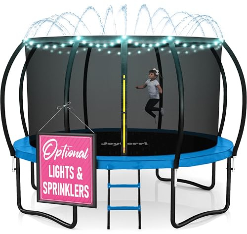 JoyBerri Upsurge Trampoline Outdoor - ASTM Certified Safe 8Ft 10Ft 12Ft 14Ft 15Ft 16Ft Recreational Trampoline for Kids and Adults. Anti-Rust Coating with Enclosure Net, Ladder, Sprinkler & LED Lights