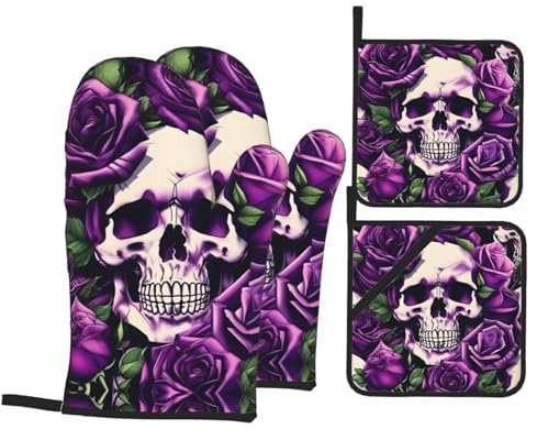 Ofenhandschuhe und Topflappen-Set, widerstandsfähige, rutschfeste Grillhandschuhe für Küche, Kochen, Backen, Grillen, viele violette Rosen-Totenkopf-Aufdruck, 4-teilig