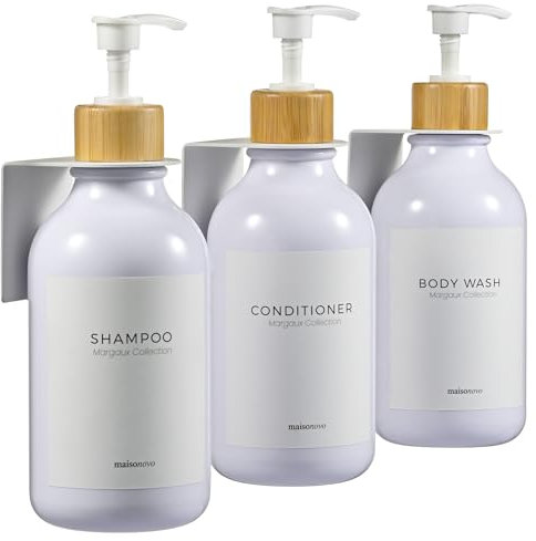 MaisoNovo Shampoo and Conditioner Dispenser - Set of 3 Shower Soap Dispenser Wall Mounted - 500ml White Plastic Bottles with White Bamboo Pump - No Drill Shower Gel Dispenser