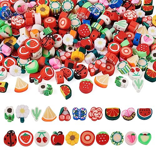 FASHEWELRY 200 Stück Frucht-Polymer-Ton-Perlen, Kakteen, Blumen, Marienkäfer, Schmetterlinge, lose Abstandshalter für DIY-Schmuckherstellung