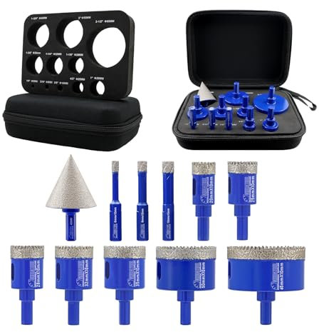 SHDIATOOL Diamant Bohrrone Fliesenbohrer Set - 11Stück(6/8/10/20/25/28/32/35/50/65mm Diamant Bohrer mit Dreikant-Schaft/45mm Fasenbohrer) für Porzellan Fliesen Keramik Granit Marmor