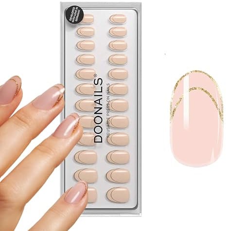DOONAILS Soft Gel Press On Nails 30er Set Golden French abgerundete Form Nägel zum Aufkleben Full Cover in Salonqualität Fake nails soft gel Medium Natürliches & angenehmes Tragegefühl
