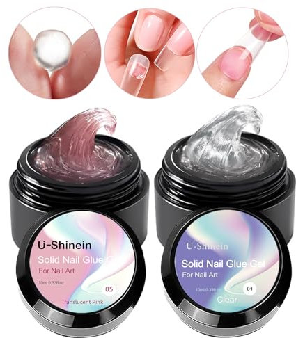 U-Shinein 2x10ml Solid Nail Glue Gel Kit, Clear Nude Nail Glue Gel for Acrylic Nails Tips, Press on Solid Glue Gel, Nail Art Manicure Glue Gel, Transparent+Translucent Pink
