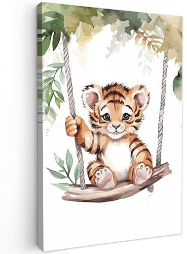 MuchoWow© Wandbilder Groß 80x120 cm XXL Schlafzimmer Home Deko Wohnung Bild Wohnzimmer Fotoleinwand Wand Bilder Leinwand Wall Decor Tiger - Tier - Kinder - Dschungel - Kinderzimmer - Babyzimmer