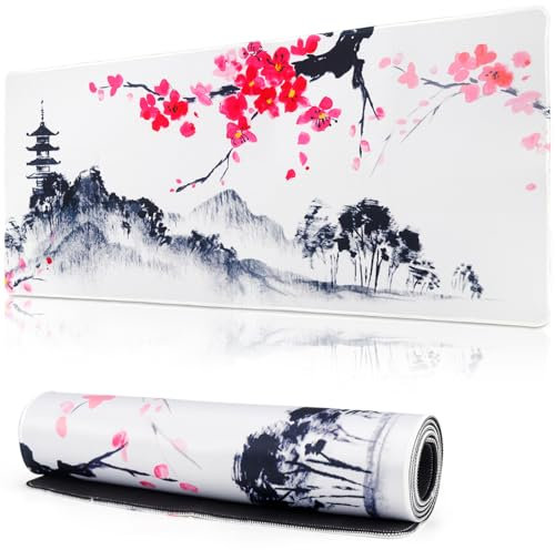 Mauspad Gaming Mousepad XXL 900 x 400 mm Schreibtischunterlage Groß Mausped Weiß Mausunterlage Mausoad Mouspad Japan Sakura Mauspad mit Motiv für PC Büro Desk Mat Laptop Computer (Stil 1)