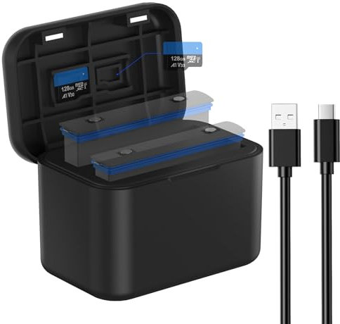 Schnelles Akku-Ladegerät für Insta360 X4 Akku, Schnelle Tragbare 2-Kanal Akku-Ladestation mit USB-Stromkabel und Misro SD-Kartensteckplätzen