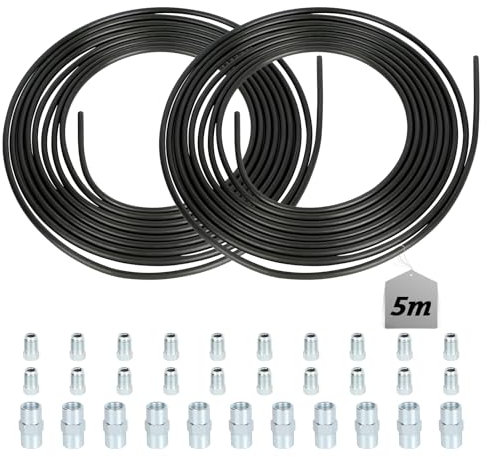 LALAGO 2 Stück Bremsleitungen, Schwarzes Bremsleitung Set 5m Ø4.75mm, mit 20 Verschraubungen und 10 Verbinder, Einbaufertige Bremsrohr, Schwarz Auto Bremsleitung