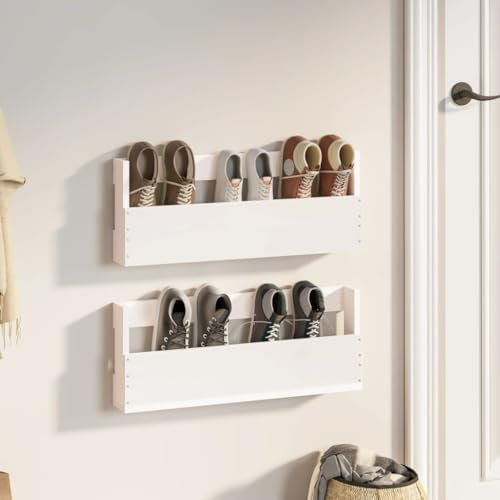 JUDYY Wand-Schuhregale 2 STK. Weiß 59x9x23 cm Massivholz Kiefer, Shoe Rack, Schuhständer, Schuhschrank, Schuh Regal, Schuhaufbewahrung, Schuhhalter, Flurmöbel 833274