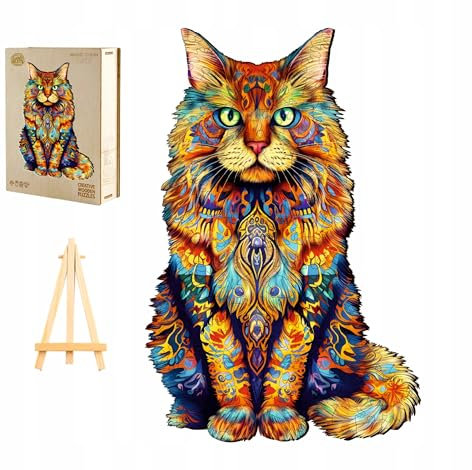 PASJO Holzpuzzle Erwachsene Katze Maine Coon 270 Teile 42x27,8 cm Bunte Farben Mini-Staffelei Holzschachtel Tierförmige Teile