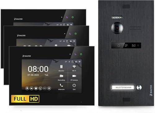 Balter EVO-HD Video Türsprechanlage, Video Türklingel, 1 Familienhaus Klingel, 3X 7 Zoll HD-Monitore, Full HD-Kamera, 2 Draht Bus, Gegensprechanlage mit 175° Weitwinkel-Kamera, Schwarz